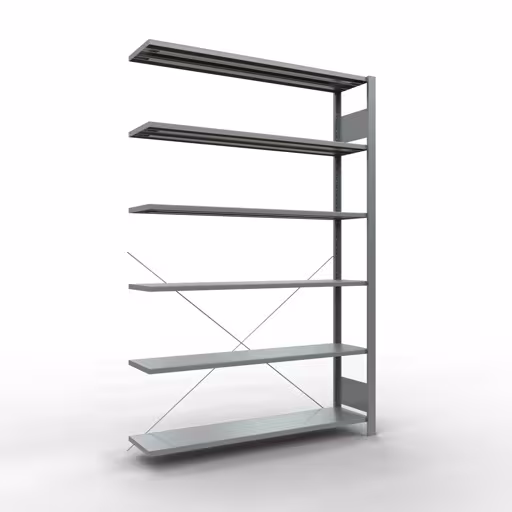 Scaffale aggiuntivo, scaffale per ufficio, sistema a innesto MULTIplus85, 2000 x 1300 x 300 mm (AxLxP), 6 ripiani, traversa, zincato, senza barra di arresto, sistema a innesto, articolo n. 17729
