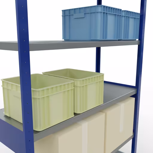 Image du produit n° 12 de l'article étagère de base, étagère, système enfichable MULTIplus250, 2500 x 1300 x 500 mm, 6 étagères, traverse, RAL 5010 bleu gentiane/galvanisé Figure n° 12 de l'article étagère de base, étagère, système enfichable MULTIplus250, 2500 x 1300 x 500 mm, 6 étagères, RAL 5010 bleu gentiane/galvanisé du groupe de produits système enfichable de Schulte Lagertechnik