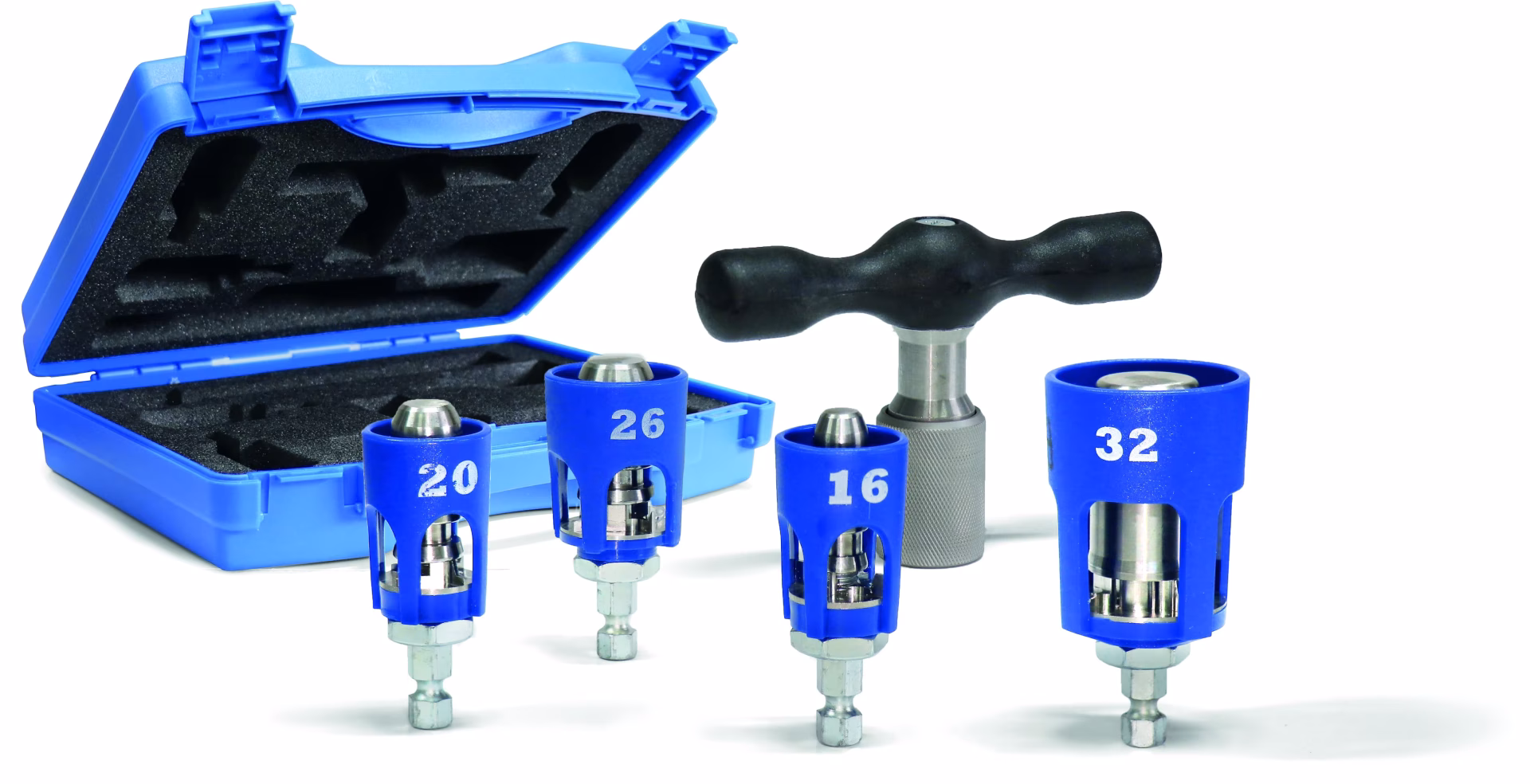 Outil d'étalonnage professionnel Pipetec pour tubes composites multicouches en aluminium 16 x 2, 20 x 2, 26 x 3 et 32 x 3 mm de la catégorie Scies, outils d'ébavurage et d'étalonnage avec le numéro d'article KS1632_Set
