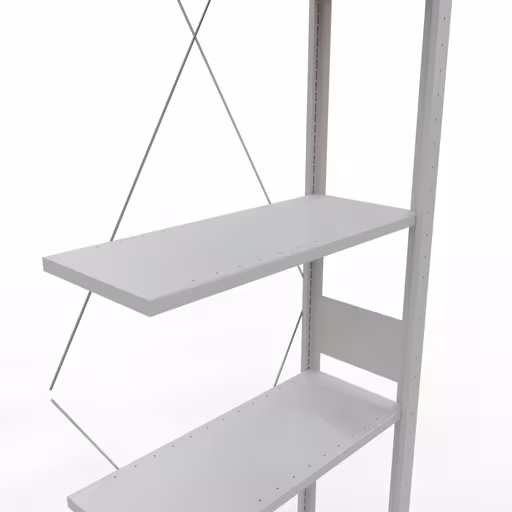 Une autre vue de l'article Tablette rapportée, étagère, système enfichable MULTIplus150, 3000 x 750 x 300 mm, 7 tablettes, traverse, RAL 7035 gris clair de la catégorie système enfichable