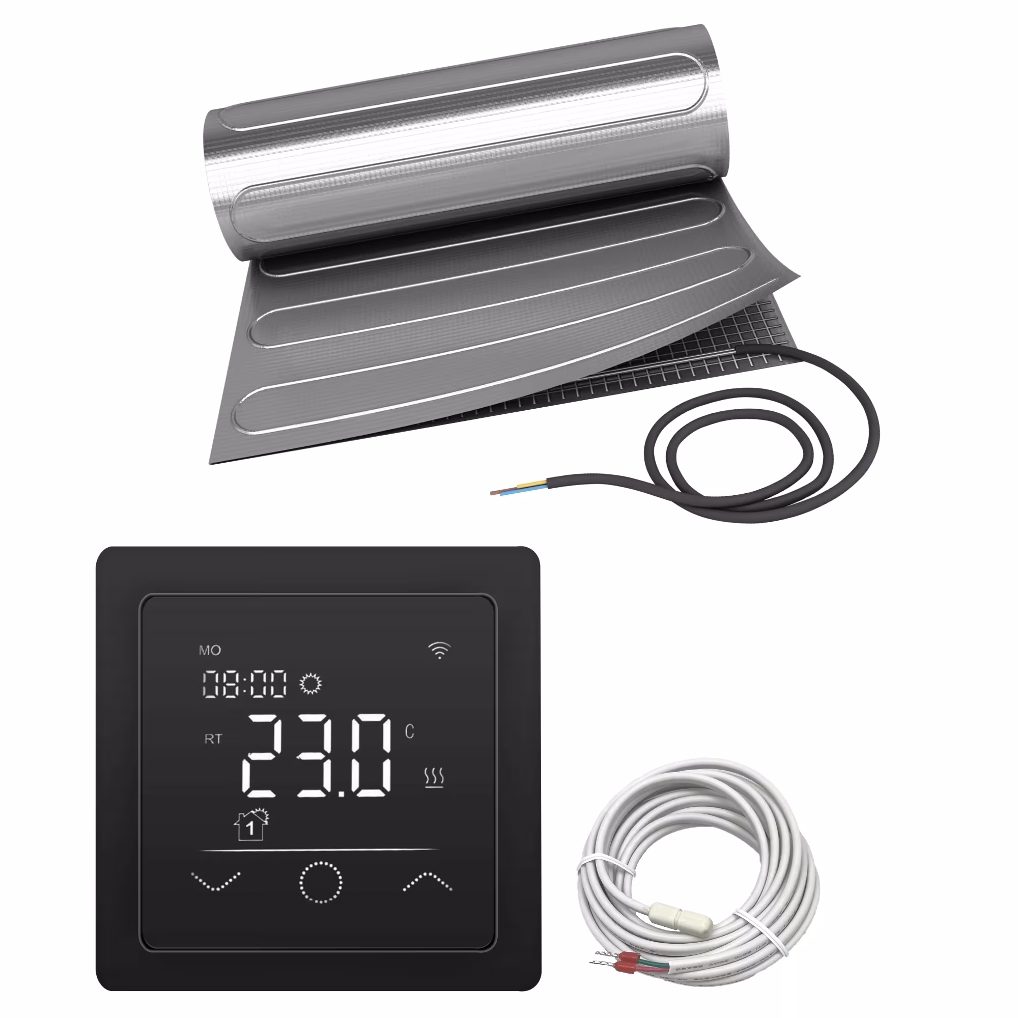 Riscaldamento a pavimento in laminato elettrico HoWaTech ALU | Set con tappetino riscaldante e controller WiFi Touch nero, riscaldamento elettrico a pavimento, art. n. 26043010