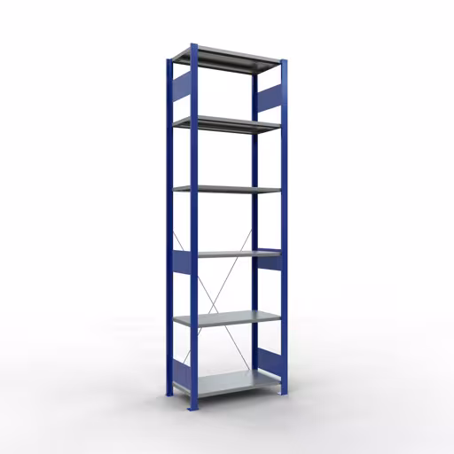 Un'altra vista dell'articolo scaffale base, scaffale, sistema a innesto MULTIplus150, 2500 x 750 x 400 mm (AxLxP), 6 ripiani, traversa, RAL 5010 blu genziana/zincato/zincato dalla categoria Sistema a innesto