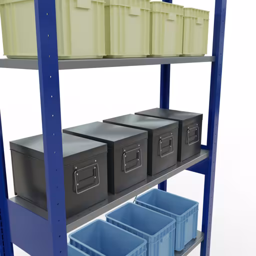 Scaffale base, scaffale, sistema a innesto MULTIplus85, 2500 x 1000 x 300 mm (AxLxP), 6 ripiani, traversa, RAL 5010 blu genziana della categoria scaffale base con GTIN 4004514284549 Scaffale base, scaffale, sistema a innesto MULTIplus85, 2500 x 1000 x 300 mm (AxLxP), 6 ripiani, traversa, RAL 5010 blu genziana della marca Schulte Lagertechnik della gamma sistemi a innesto