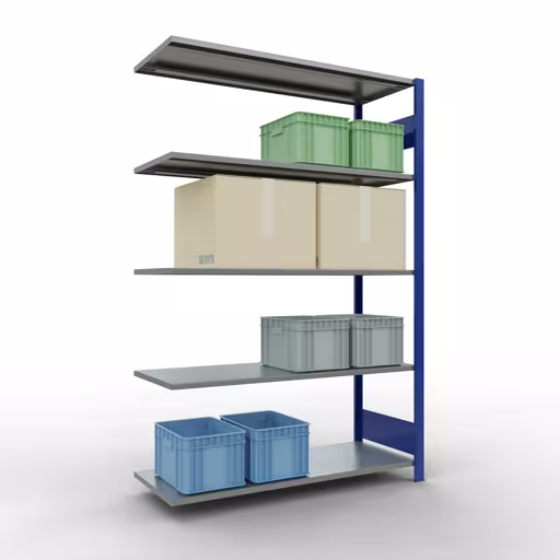 Immagine del prodotto n. 12 dell'articolo scaffale aggiuntivo, scaffale, sistema a innesto MULTIplus150, 2000 x 1300 x 500 mm, 5 ripiani, RAL 5010 blu genziana/zincato dalla gamma di prodotti del sistema a innesto della marca Schulte Lagertechnik