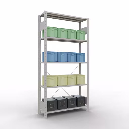 Étagère de base, étagère, système enfichable MULTIplus150, 2000 x 1000 x 300 mm, 5 étagères, traverse, RAL 7035 gris clair de la catégorie d'étagères de base avec le GTIN 4004514203687 Étagère de base, étagère, système enfichable MULTIplus150, 2000 x 1000 x 300 mm, 5 étagères, RAL 7035 gris clair de Schulte Lagertechnik de la gamme de produits du système enfichable