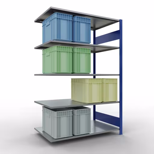 Image supplémentaire de l'article Rayonnage complémentaire, rayonnage à étagères, système enfichable MULTIplus150, 2000 x 1300 x 800 mm (HxLxP), 5 étagères, barres de longueur, RAL 5010 bleu gentiane/galvanisé Image supplémentaire de l'article Tablette supplémentaire, étagère, système enfichable MULTIplus150, 2000 x 1300 x 800 mm, 5 tablettes, RAL 5010 bleu gentiane/galvanisé à partir de la tablette supplémentaire