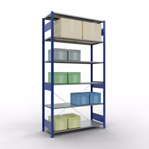 Un'altra vista dell'articolo scaffale base, scaffale, sistema a innesto MULTIplus150, 2500 x 1300 x 500 mm (AxLxP), 6 ripiani, traversa, RAL 5010 blu genziana/zincato dalla categoria Sistema a innesto