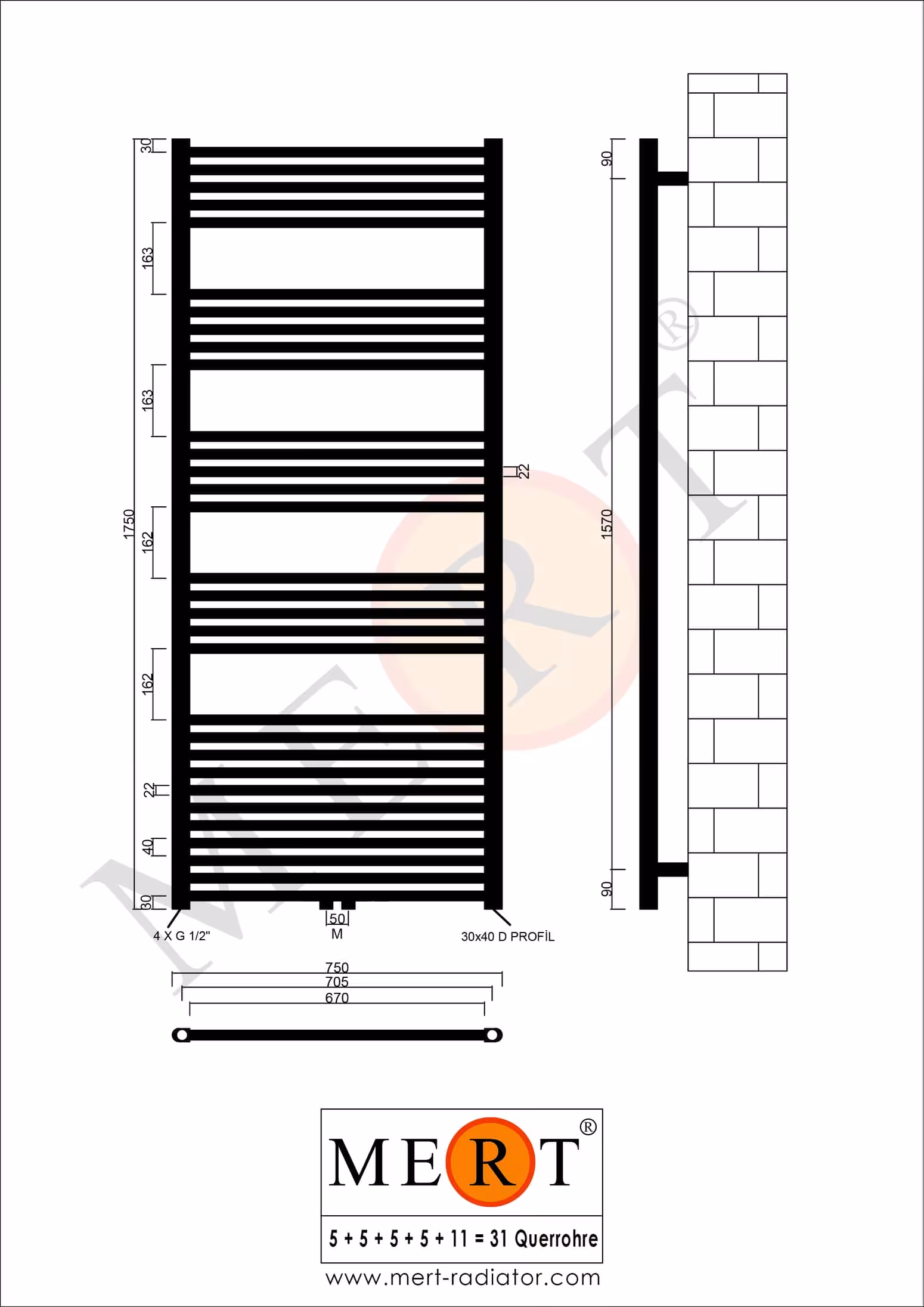 Radiateur de salle de bain MERT blanc droit, 750*1750 mm, raccordement central de la marque MERT de la catégorie radiateur