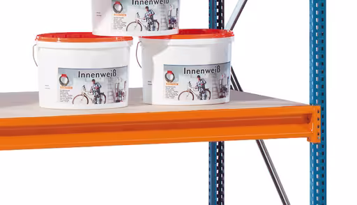 Zusatzbild des Artikels Grundregal, Weitspannregal mit Spanplatten W 100, 3000 x 1785 x 1200 mm, blau/orange/verzinkt, 5 Ebenen, Fachlast 670 kg aus W100 für Fachlasten bis 1050kg