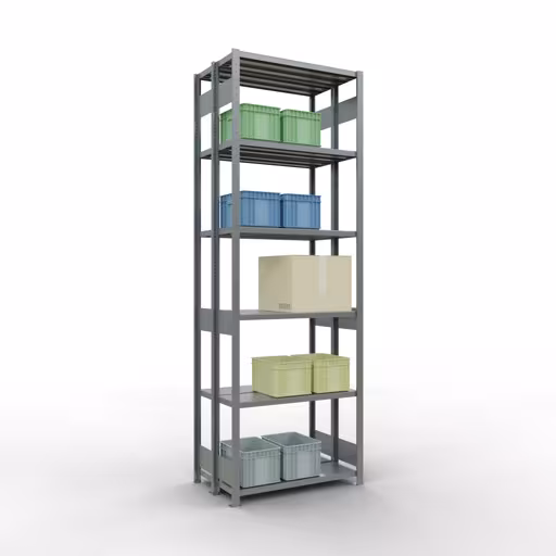 Image supplémentaire de l'article Étagère de base, étagère double, étagère système enfichable MULTIplus250, 3000 x 1000 x (2x300) mm (HxLxP), 2x7 étagères, barres de longueur, galvanisé Image supplémentaire de l'article Étagère de base, étagère double, système d'étagères enfichable MULTIplus250, 3000 x 1000 x (2x300) mm, 2x7 étagères, galvanisé à partir d'étagères doubles