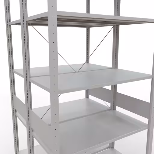 Un'altra vista dell'articolo Scaffale base, ripiano doppio, sistema a innesto per ripiano MULTIplus150, 3000 x 1000 x (2x1000) mm (AxLxP), 2x7 ripiani, traversa, RAL 7035 grigio chiaro dalla categoria Ripiani