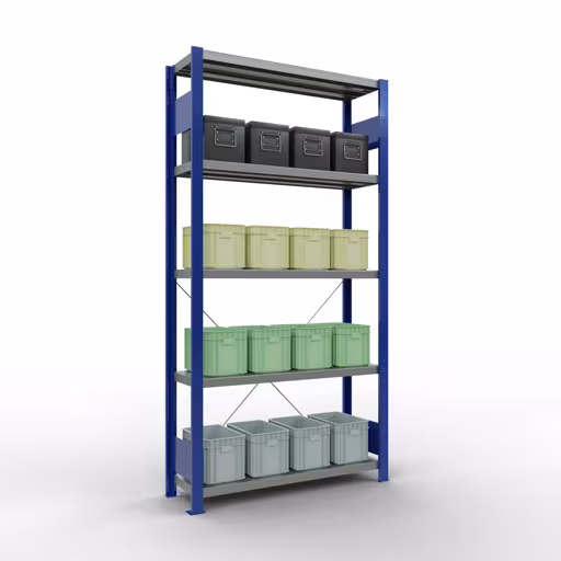 Figura n. 11 dell'articolo scaffale base, scaffale, sistema a innesto MULTIplus330, 2000 x 1000 x 300 mm (AxLxP), 5 ripiani, traversa, RAL 5010 blu genziana/zincato del gruppo di prodotti sistema a innesto della marca Schulte Lagertechnik