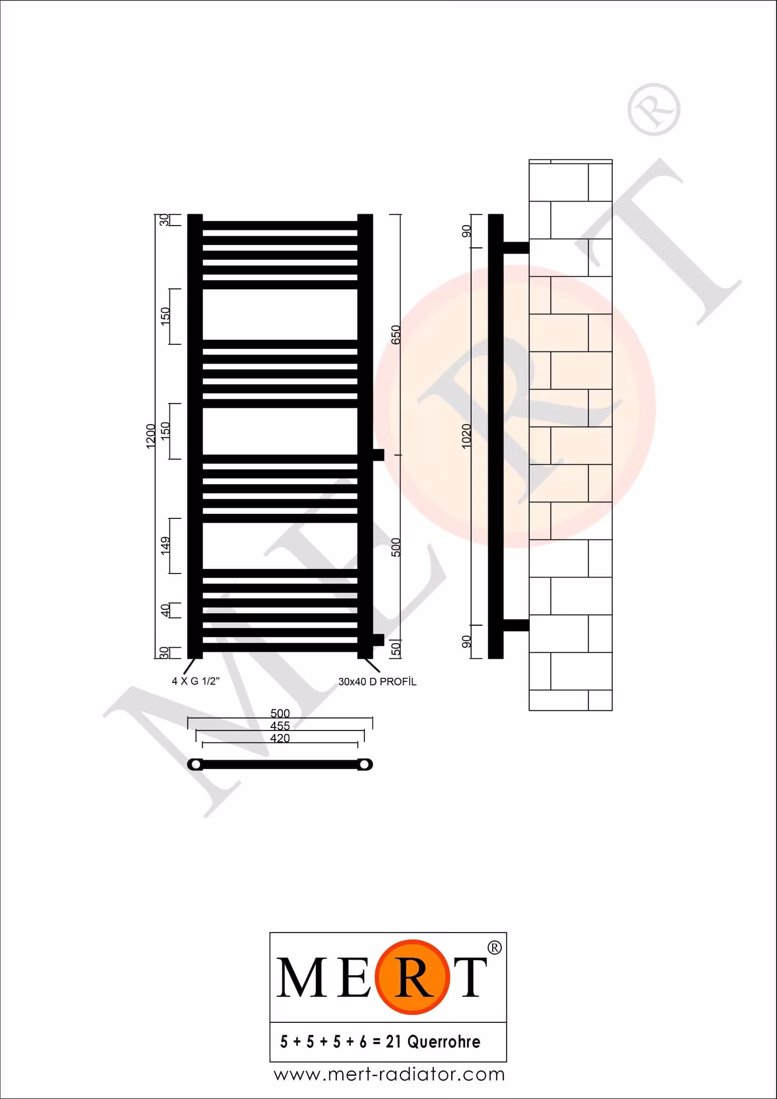 Radiatore da bagno sostitutivo MERT bianco dritto, 500*1200 mm, attacco laterale 500 mm da MERT con l'articolo n. 1-50x120-ASR-50
