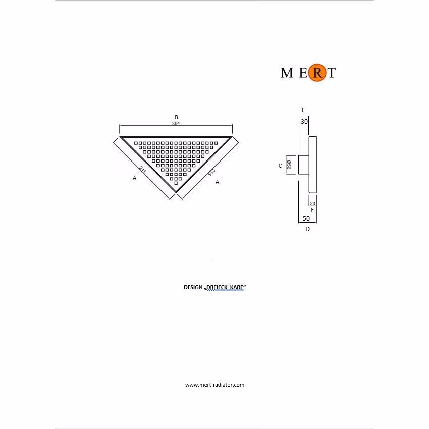 Siphon de sol Mert ultra plat Design "TRIANGLE KARE" 215x215x304 mm, évacuation DIN 50
