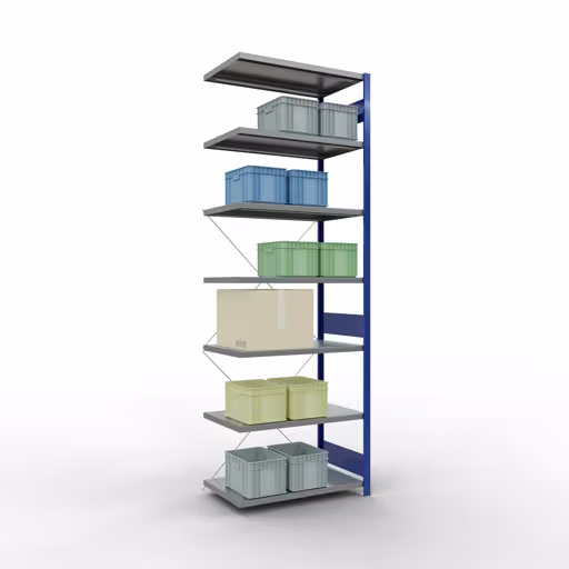 Un'altra vista dell'articolo Scaffali aggiuntivi, ripiano per scaffali, sistema a innesto MULTIplus250, 3000 x 1000 x 600 mm (AxLxP), 7 ripiani, traversa, RAL 5010 blu genziana/zincato dalla categoria Sistemi a innesto