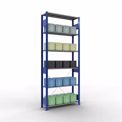 Immagine del prodotto n. 16 dell'articolo scaffale base, scaffale, sistema a innesto MULTIplus85, 2500 x 1000 x 300 mm (AxLxP), 6 ripiani, traversa, RAL 5010 blu genziana Figura n. 16 dell'articolo scaffale base, scaffale, sistema a innesto MULTIplus85, 2500 x 1000 x 300 mm (AxLxP), 6 ripiani, traversa, RAL 5010 blu genziana del gruppo di prodotti sistema a innesto della marca Schulte Lagertechnik