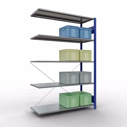 Immagine del prodotto n. 14 dell'articolo Ripiano aggiuntivo, sistema a innesto per ripiani MULTIplus150, 2000 x 1300 x 500 mm, 5 ripiani, RAL 5010 blu genziana/zincato della gamma di prodotti per sistemi a innesto della marca Schulte Lagertechnik