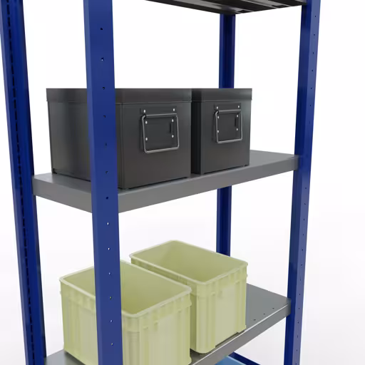 Zusatzbild des Artikels Grundregal, Fachbodenregal Stecksystem MULTIplus250, 2000 x 750 x 300 mm (HxBxT), 5 Fachböden, Längenriegel, RAL 5010 enzianblau/verzinkt/verzinkt aus Grundregal