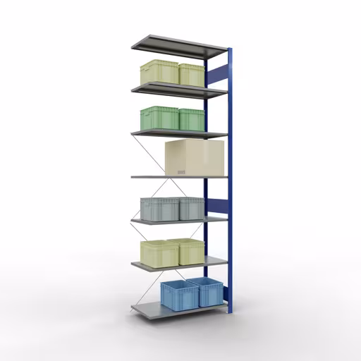 Rayonnage supplémentaire, rayonnage à étagères, système enfichable MULTIplus150, 3000 x 1000 x 500 mm (HxLxP), 7 étagères, traverse, RAL 5010/galvanisé de la catégorie des étagères supplémentaires avec le GTIN 4004514280800 Rayonnage supplémentaire, étagère, système enfichable MULTIplus150, 3000 x 1000 x 500 mm, 7 étagères, RAL 5010/galvanisé de la marque Schulte Lagertechnik de la gamme de produits du système enfichable