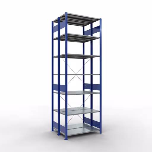Étagère de base, étagère double, système d'étagères MULTIplus150, 3000 x 1000 x (2x800) mm (HxLxP), 2x7 étagères, traverse, RAL 5010 bleu gentiane, étagères doubles, réf. 32742-B