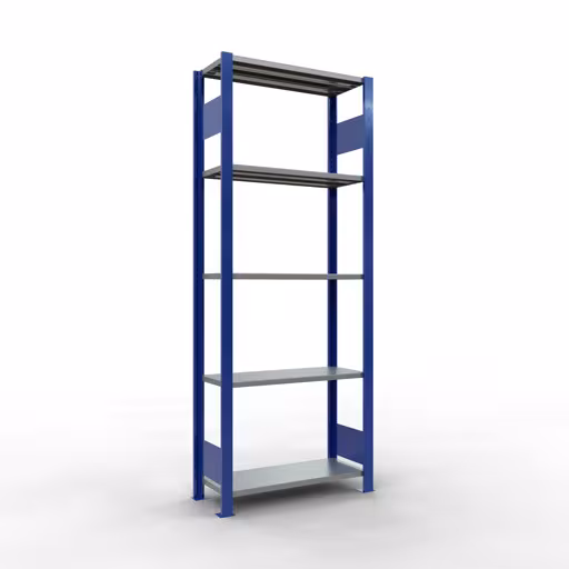 Scaffale base, scaffale, sistema a innesto MULTIplus150, 2000 x 750 x 300 mm (AxLxP), 5 ripiani, barre longitudinali, RAL 5010 blu genziana/zincato/zincato di Schulte Lagertechnik con l'articolo n. 12730-75-LR-B