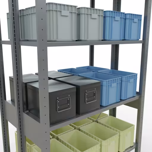 Image du produit n° 14 de l'article étagère de base, étagère double, système d'étagères enfichables MULTIplus150, 2500 x 1000 x (2x300) mm (HxLxP), 2x6 étagères, traverse, galvanisé Figure n° 14 de l'article étagère de base, étagère double, système d'étagères enfichables MULTIplus150, 2500 x 1000 x (2x300) mm, 2x6 étagères, galvanisées du groupe de produits étagères de la marque Schulte Lagertechnik