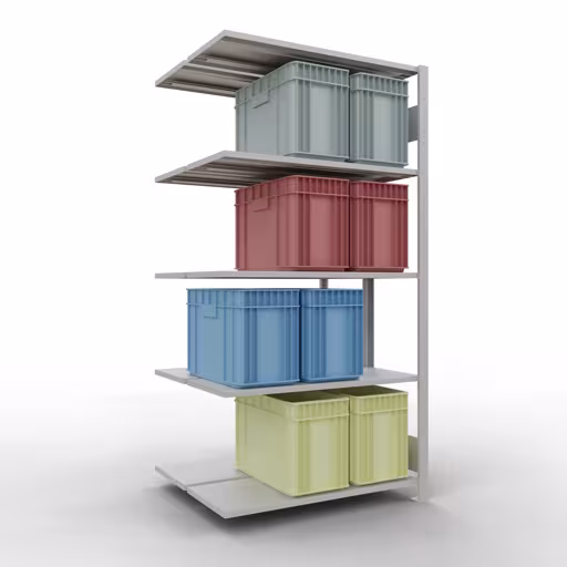 Rayonnage supplémentaire, rayonnage double, système d'étagères MULTIplus150, 2000 x 1000 x (2x400) mm (HxLxP), 2x5 tablettes, barres de longueur, RAL 7035 gris clair avec le GTIN 4004514269935 Étagère supplémentaire, étagère double, étagère à étagères, système enfichable MULTIplus150, 2000 x 1000 x (2x400) mm, 2x5 étagères, gris clair RAL 7035 de Schulte Lagertechnik avec le numéro d'article. 33145