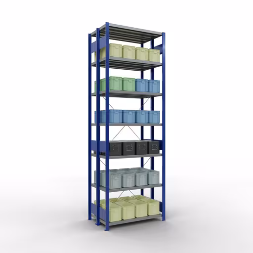 Image du produit n° 11 de l'article Etagère de base, étagère double, système d'étagères MULTIplus250, 3000 x 1000 x (2x300) mm, 2x7 étagères, traverse, bleu gentiane Figure n° 11 de l'article étagère de base, étagère double, système d'étagères enfichables MULTIplus250, 3000 x 1000 x (2x300) mm, 2x7 étagères, bleu gentiane du groupe de produits étagères de Schulte Lagertechnik