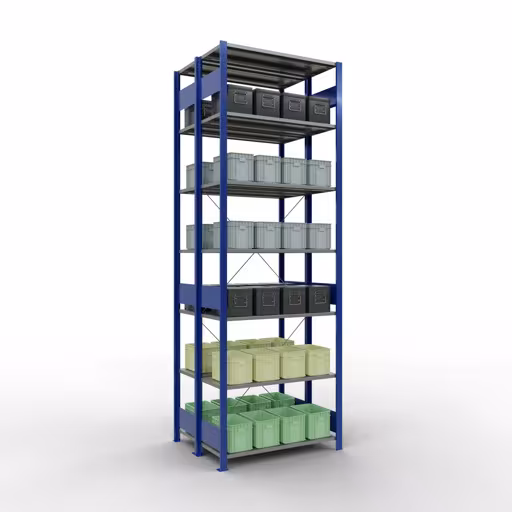 Zusatzbild des Artikels Grundregal, Doppelregal, Fachbodenregal Stecksystem MULTIplus150, 3000 x 1000 x (2x800) mm (HxBxT), 2x7 Fachböden, Kreuzstrebe, RAL 5010 enzianblau aus Doppelregale