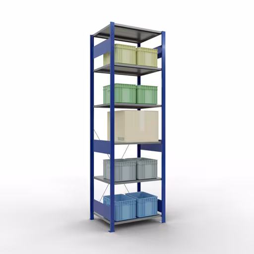 Grundregal, Fachbodenregal Stecksystem MULTIplus150, 2500 x 750 x 600 mm (HxBxT), 6 Fachböden, Kreuzstrebe, RAL 5010 enzianblau/verzinkt/verzinkt mit der GTIN 4004514251398 Grundregal, Fachbodenregal Stecksystem MULTIplus150, 2500 x 750 x 600 mm (HxBxT), 6 Fachböden, Kreuzstrebe, RAL 5010 enzianblau/verzinkt/verzinkt von Schulte Lagertechnik mit der Artikelnr. 12761-75-B