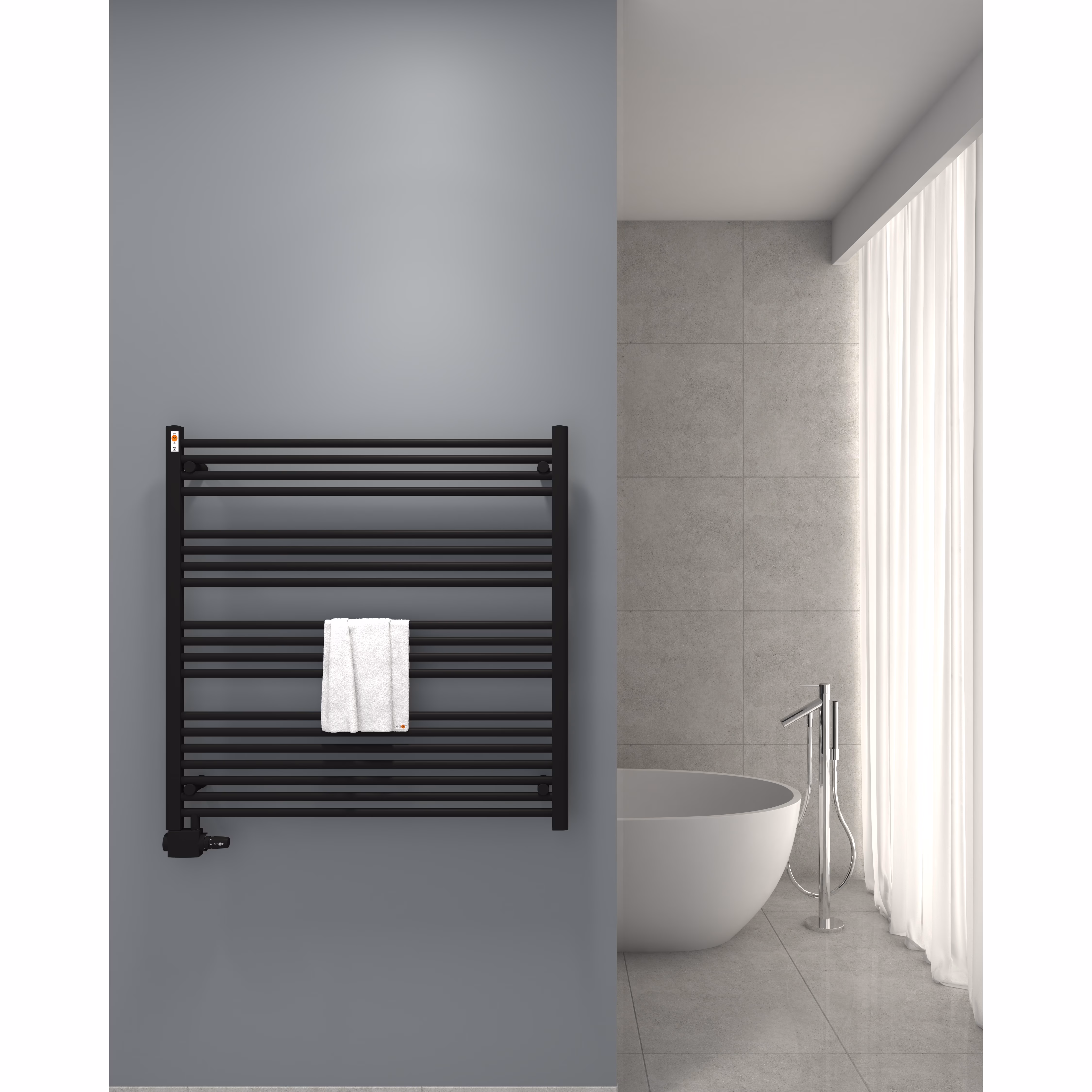 Radiateur de salle de bain de remplacement MERT AU, noir, droit, différentes dimensions, catégorie radiateurs de salle de bain, raccordement latéral, référence 1-100x100-AU-50-BLACK