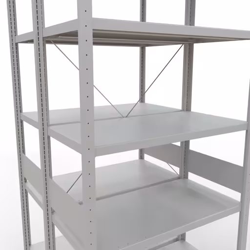 Étagère de base, étagère double, système d'étagères MULTIplus250, 3000 x 1000 x (2x500) mm, 2x7 étagères, traverse, RAL 7035 gris clair de la catégorie étagères doubles avec le GTIN 4058255035441 Étagère de base, étagère double, système d'étagères MULTIplus250, 3000 x 1000 x (2x500) mm, 2x7 étagères, gris clair RAL 7035 de Schulte Lagertechnik de la gamme d'étagères