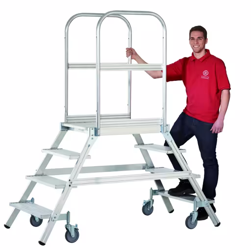 Scala a piattaforma in alluminio, accessibile su entrambi i lati, con ruote, altezza di lavoro ca. 3,50 m, scala a piattaforma, art. 34880