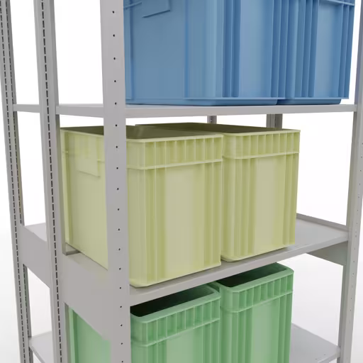 Une autre vue de l'article Etagère de base, étagère double, étagère système enfichable MULTIplus150, 2500 x 1000 x (2x400) mm (HxLxP), 2x6 étagères, barres de longueur, RAL 7035 gris clair Une autre vue de l'article étagère de base, étagère double, système d'étagères enfichables MULTIplus150, 2500 x 1000 x (2x400) mm, 2x6 étagères, RAL 7035 gris clair de la catégorie étagères