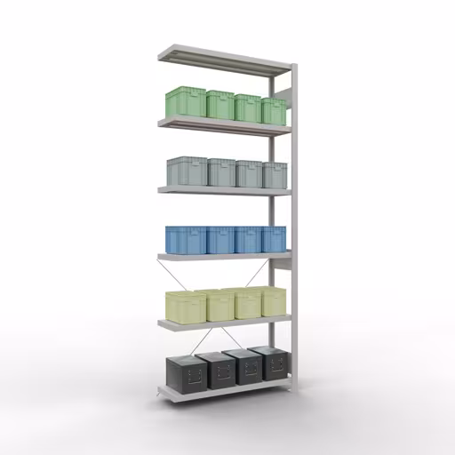 Image du produit n° 12 de l'article étagère complémentaire, système enfichable MULTIplus250, 2500 x 1000 x 300 mm, 6 étagères, gris clair RAL 7035 de la gamme de produits système enfichable de la marque Schulte Lagertechnik