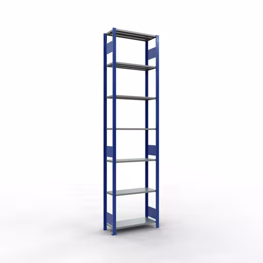 Étagère de base, étagère, système enfichable MULTIplus150, 3000 x 750 x 300 mm (HxLxP), 7 étagères, barre de longueur, RAL 5010 bleu gentiane/galvanisé/galvanisé, étagère de base, réf. 12732-75-LR-B