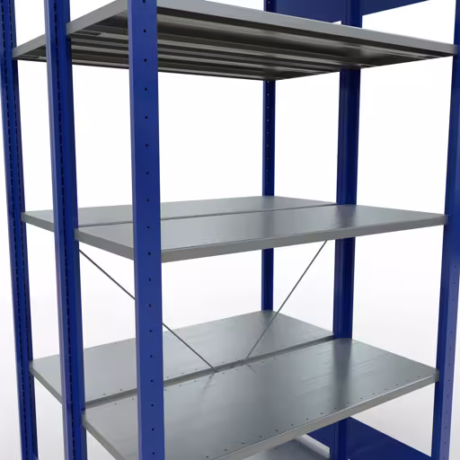 Andere Ansicht des Artikels Grundregal, Doppelregal, Fachbodenregal Stecksystem MULTIplus150, 2000 x 1000 x (2x400) mm (HxBxT), 2x5 Fachböden, Kreuzstrebe, RAL 5010 enzianblau Andere Ansicht des Artikels Grundregal, Doppelregal, Fachbodenregal Stecksystem MULTIplus150, 2000 x 1000 x (2x400) mm (HxBxT), 2x5 Fachböden, Kreuzstrebe, RAL 5010 enzianblau aus der Kategorie Fachbodenregale