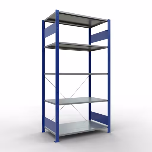 Ripiano base, ripiano, sistema a innesto MULTIplus85, 2000 x 1000 x 600 mm (AxLxP), 5 ripiani, traversa, RAL 5010 blu genziana, ripiano base, art. n. 13160-B