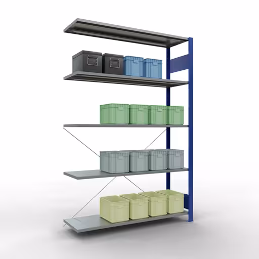 Un'altra vista dell'articolo Scaffale aggiuntivo, scaffale, sistema a innesto MULTIplus150, 2000 x 1300 x 400 mm (AxLxP), 5 ripiani, traversa, RAL 5010 blu genziana/zincato dalla categoria Sistema a innesto