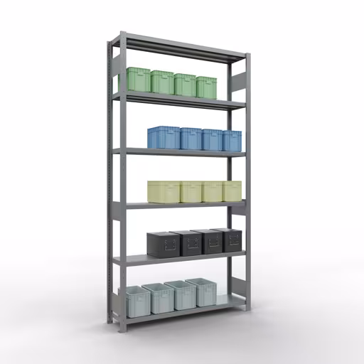 Figura n. 12 dell'articolo scaffale base, scaffale, sistema a innesto MULTIplus250, 2500 x 1300 x 300 mm (AxLxP), 6 ripiani, barre longitudinali, zincato del gruppo di prodotti sistema a innesto della marca Schulte Lagertechnik