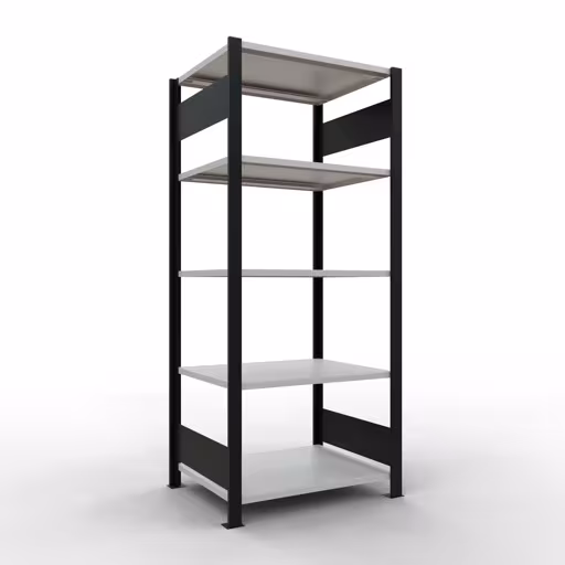 Étagère de base, étagère de bureau, système enfichable MULTIplus150, 1800 x 750 x 600 mm (HxLxP), 5 tablettes, barres de longueur, sans butée centrale, noir/gris clair, système enfichable, réf. 36054-S