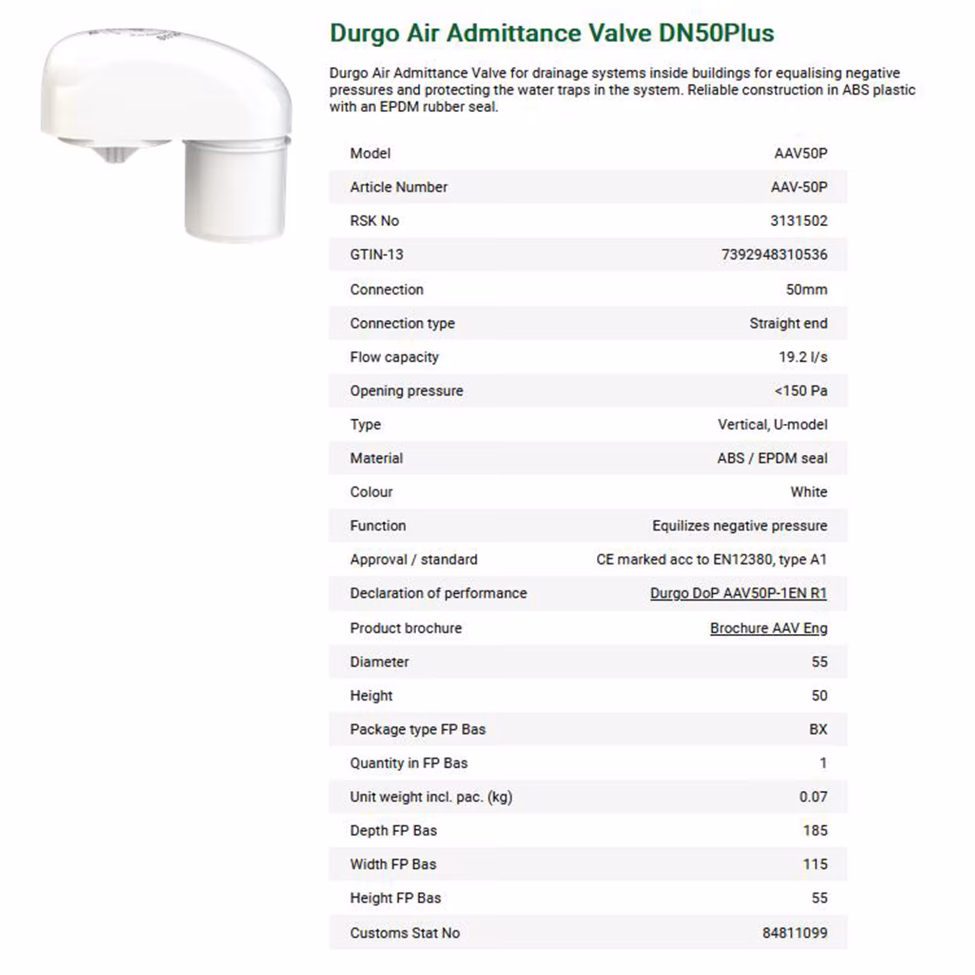Valvola di ventilazione DN 50 Valvola Plus per installazione salvaspazio della marca Durgo, della categoria acque reflue e fognature