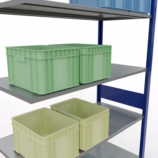 Rayonnage supplémentaire, étagère MULTIplus150, système enfichable, 3000 x 1300 x 600 mm (HxLxP), 7 tablettes, barres de longueur, RAL 5010 bleu gentiane/galvanisé avec le GTIN 4004514281166 Rayonnage supplémentaire, étagère, système enfichable MULTIplus150, 3000 x 1300 x 600 mm, 7 étagères, RAL 5010 bleu gentiane/galvanisé de Schulte Lagertechnik avec le numéro d'article. 12767-130-LR-B