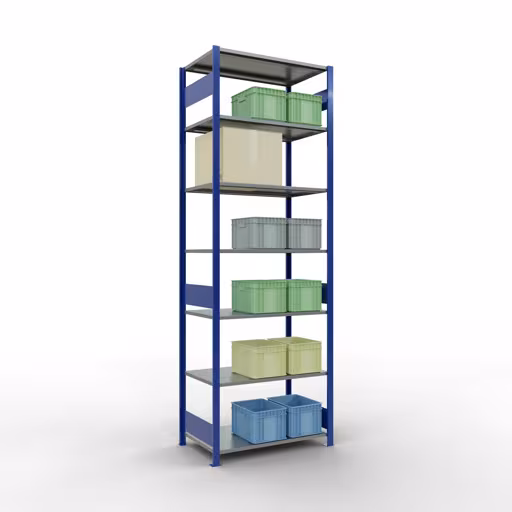 Scaffale base, scaffale, sistema a innesto MULTIplus150, 3000 x 1000 x 600 mm (AxLxP), 7 ripiani, barre longitudinali, RAL 5010 blu genziana/zincato di Schulte Lagertechnik della categoria Sistema a innesto