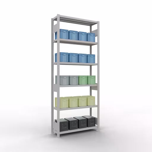 Image du produit n° 15 de l'article étagère de base, étagère, système enfichable MULTIplus330, 2500 x 1000 x 300 mm, 6 étagères, barres de longueur, RAL 7035 gris clair Figure n° 15 de l'article étagère de base, étagère, système enfichable MULTIplus330, 2500 x 1000 x 300 mm, 6 étagères, gris clair RAL 7035 du groupe de produits système enfichable de Schulte Lagertechnik