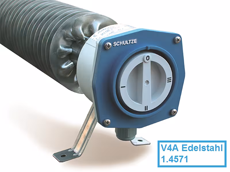 Riscaldatore a tubo alettato V4A con interruttore, 230 volt, acciaio inox 1.4571, IP66/67 di Schultze Riscaldatore a tubo alettato V4A con interruttore, 230 volt, acciaio inossidabile 1.4571, IP66/67, riscaldatori a tubo alettato