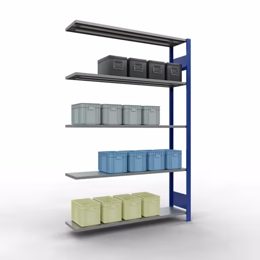 Rayonnage supplémentaire, étagère, système enfichable MULTIplus150, 2000 x 1300 x 300 mm (HxLxP), 5 étagères, barres de longueur, RAL 5010 bleu gentiane/galvanisé avec le GTIN 4004514279682 Rayonnage supplémentaire, rayonnage à étagères, système enfichable MULTIplus150, 2000 x 1300 x 300 mm, 5 étagères, RAL 5010 bleu gentiane/galvanisé de Schulte Lagertechnik avec le numéro d'article. 12735-130-LR-B