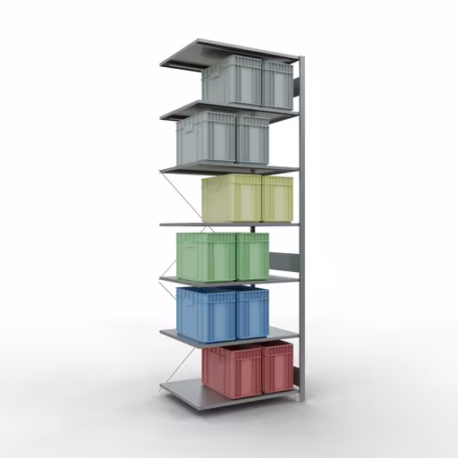 Abbildung Nr 7 des Artikels Anbauregal, Fachbodenregal Stecksystem MULTIplus150, 3000 x 1000 x 800 mm (HxBxT), 7 Fachböden, Kreuzstrebe, verzinkt aus der Produktgruppe Stecksystem von der Marke Schulte Lagertechnik