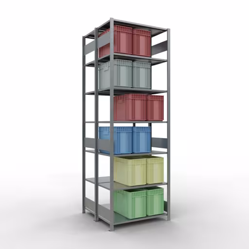 Image du produit n° 14 de l'article Étagère de base, étagère double, étagère système enfichable MULTIplus150, 3000 x 1000 x (2x500) mm (HxLxP), 2x7 étagères, barres de longueur, galvanisé Figure n° 14 de l'article étagère de base, étagère double, système d'étagères enfichables MULTIplus150, 3000 x 1000 x (2x500) mm, 2x7 étagères, galvanisées du groupe de produits étagères de la marque Schulte Lagertechnik