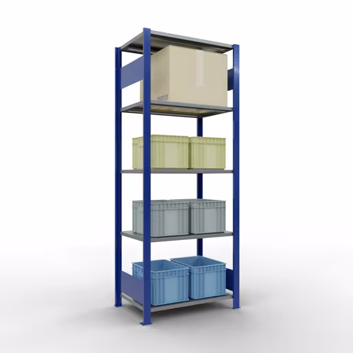 Une autre vue de l'article étagère de base, système enfichable MULTIplus150, 2000 x 750 x 500 mm, 5 étagères, RAL 5010 bleu gentiane/galvanisé/galvanisé de la catégorie étagère de base